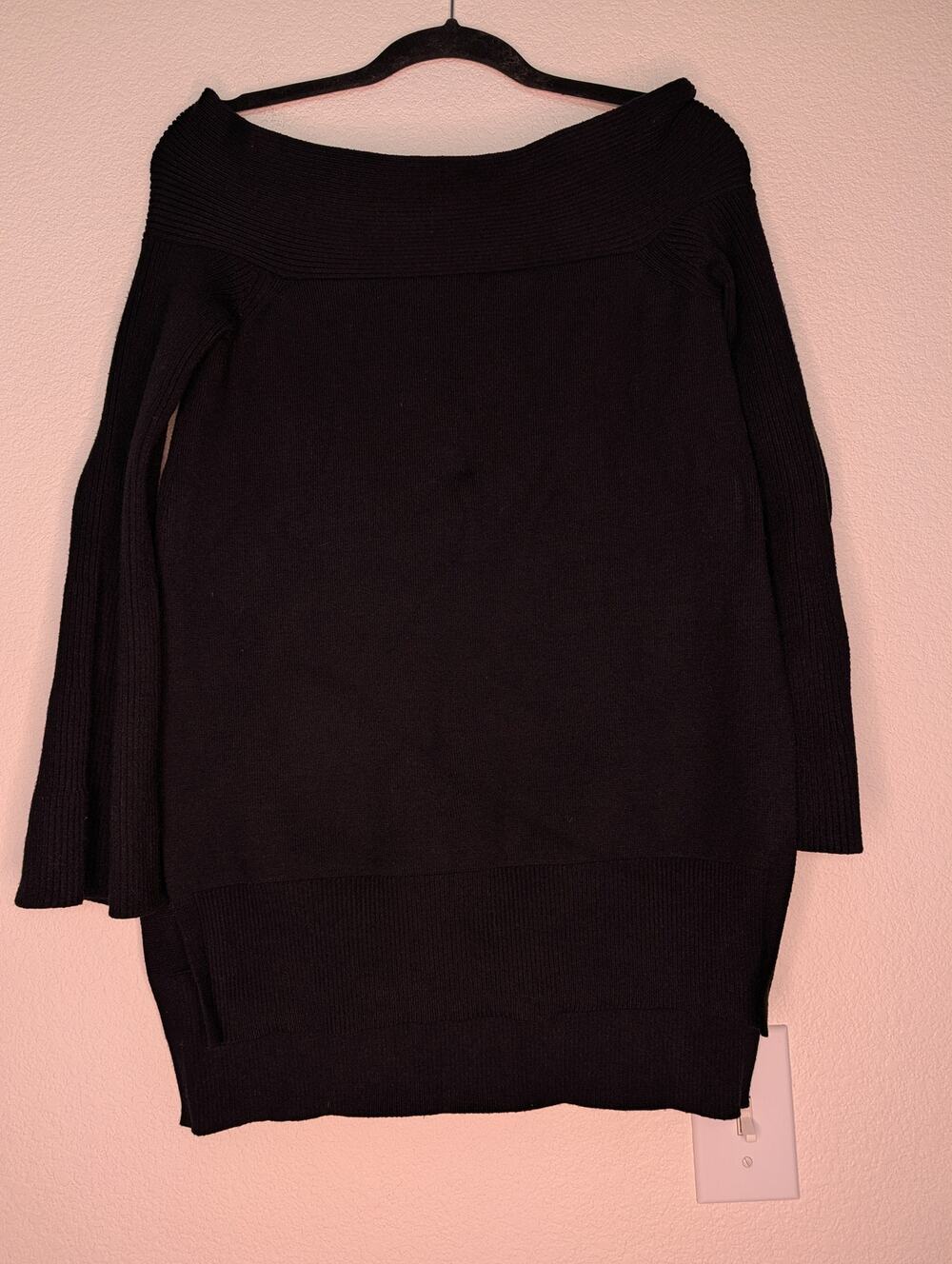 Anthropologie Womens Black Off-The-Shoulder Rib Knit Sweater Tunic XS Boho Chic